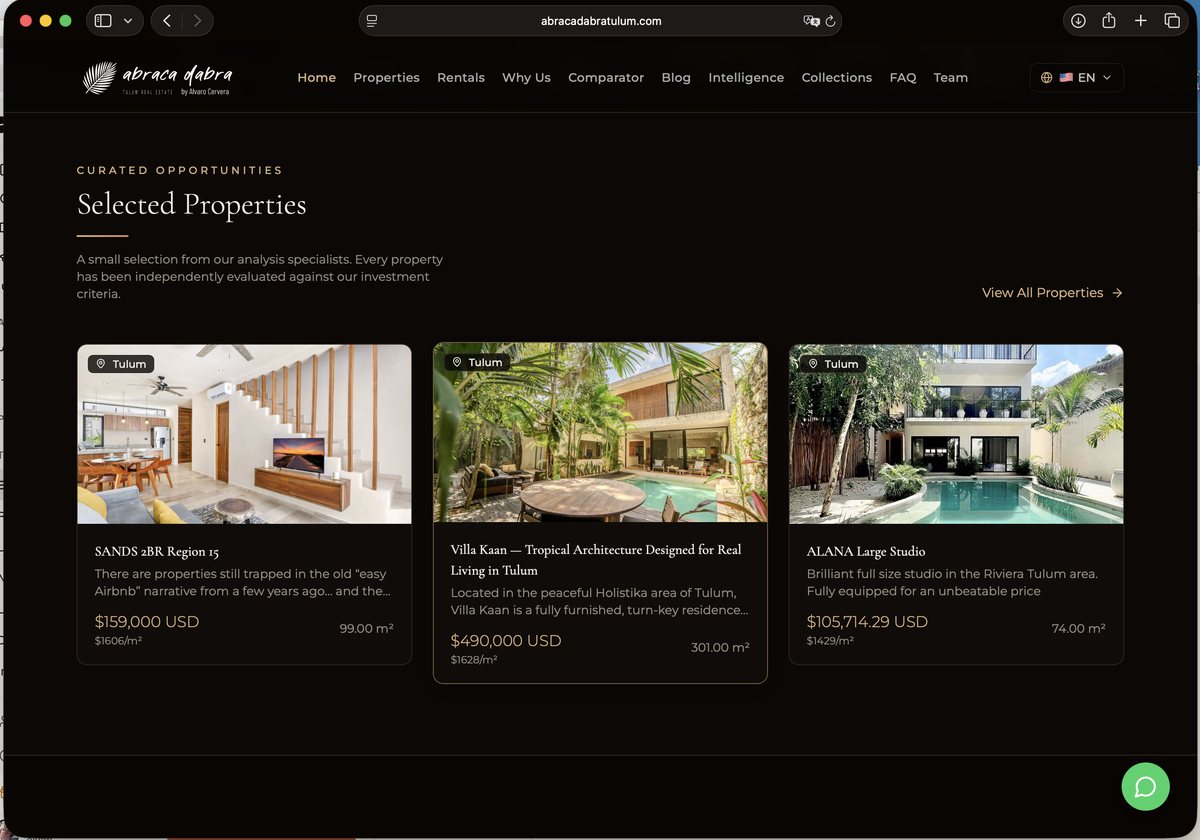 Ejemplo de web propia construida por EstateWave: sitio inmobiliario en Tulum con listings reales, indexable en Google y citable por IA