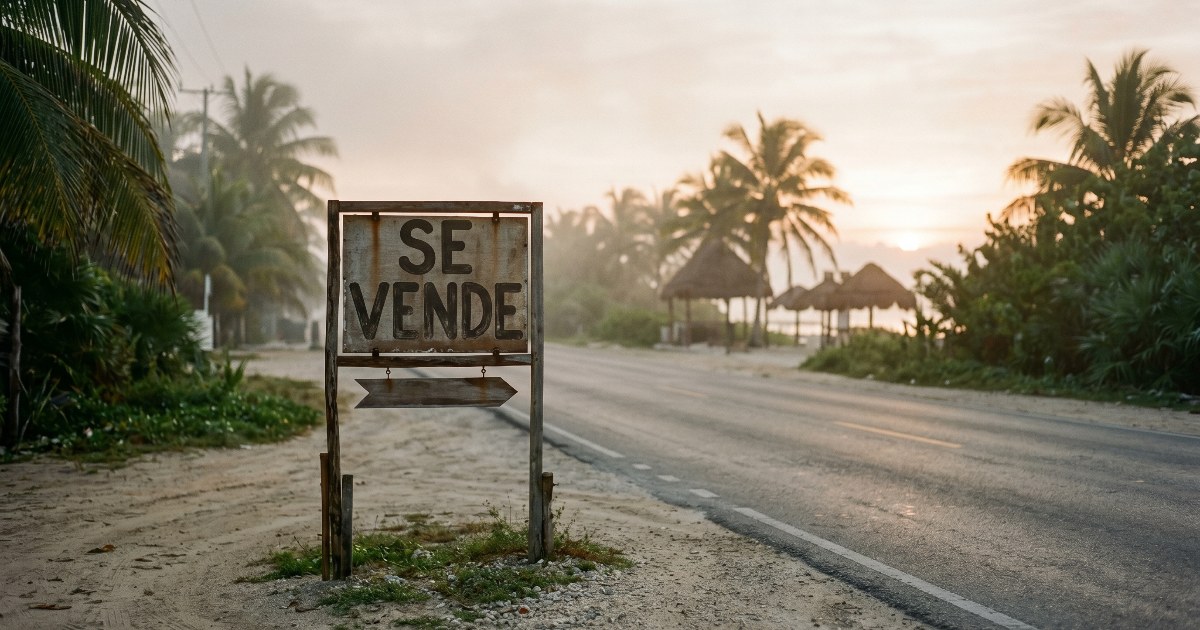 Cartel de venta inmobiliaria solitario en una calle de Tulum al amanecer, evocando oportunidades de marketing perdidas.