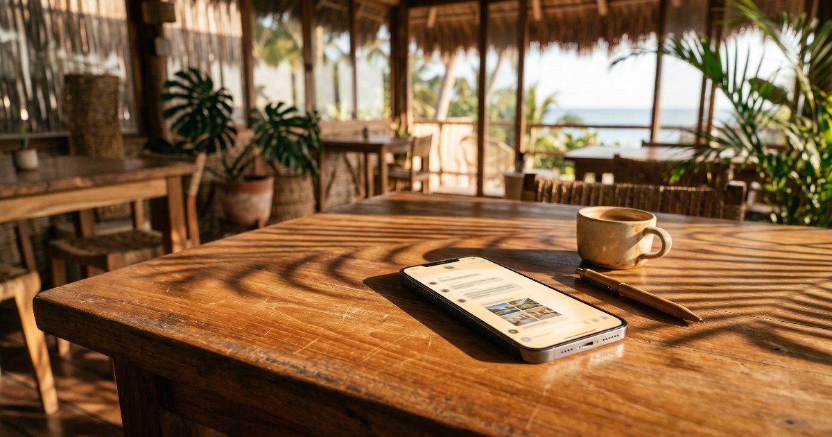 Smartphone sobre escritorio de madera en una oficina de Tulum con luz dorada, mostrando una corriente de mensajes y listings inmobiliarios.