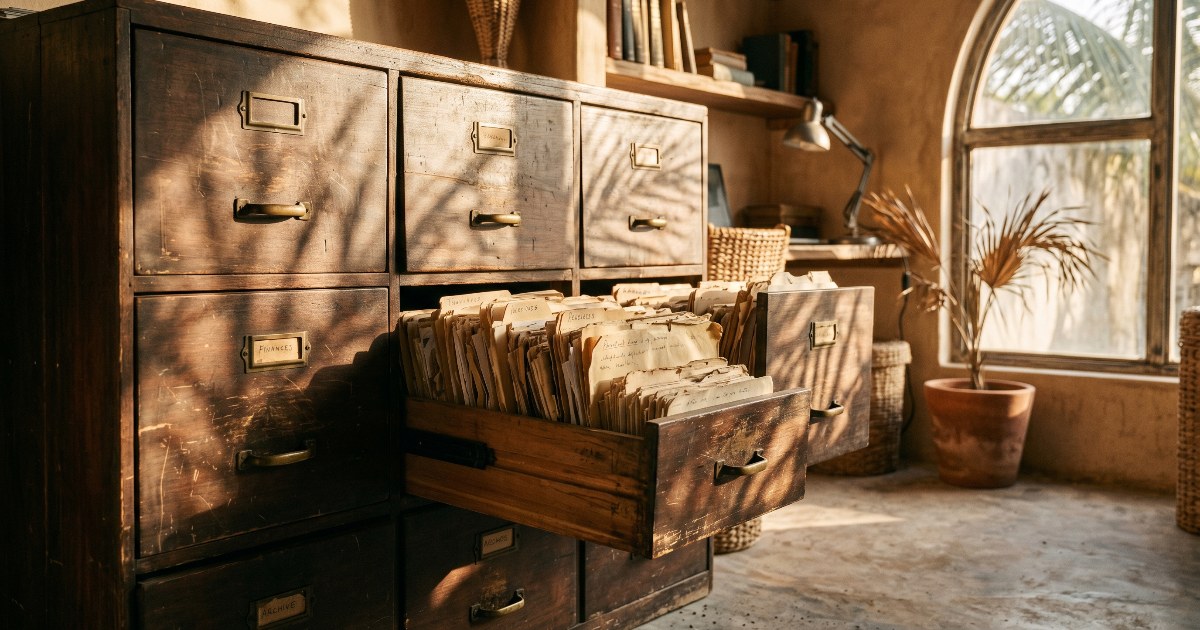 Cajones de archivero de madera entreabiertos con carpetas de papel amarillentas, en una oficina de Tulum bañada en luz dorada.