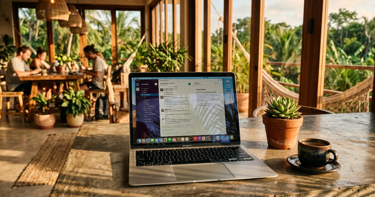 Laptop abierto en mesa de concreto pulido en espacio de coworking en Tulum, sombras de palmera sobre el escritorio, luz dorada de tarde.